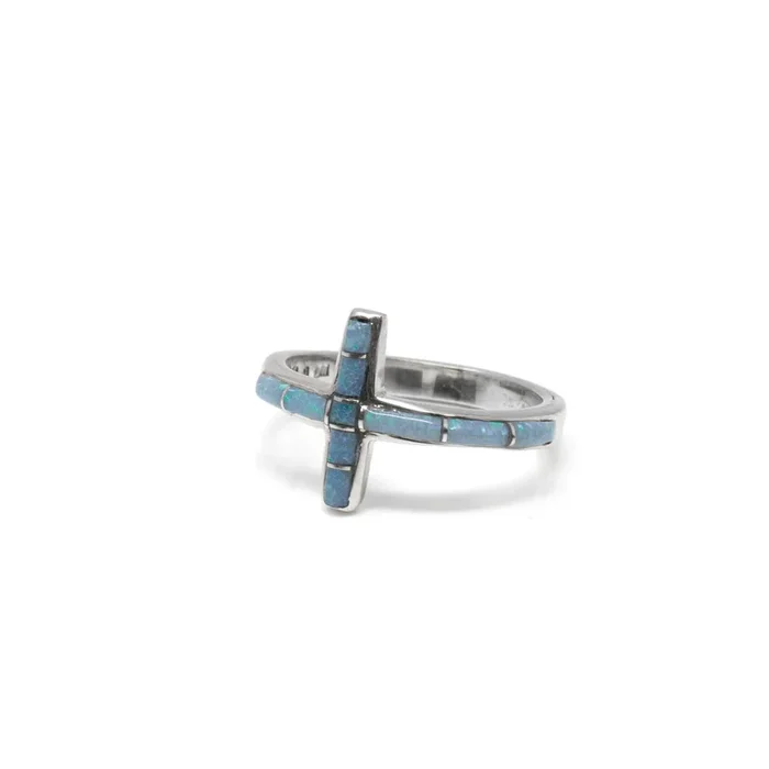 Light Blue Opal Inlay Cross Ring – Wrapping Cross On Band With Silver Channeling Sz7