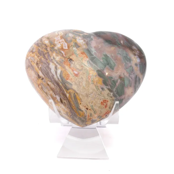 Madagascar Petrified Wood Heart with Lucite Stand – Unique Greens from Chromium