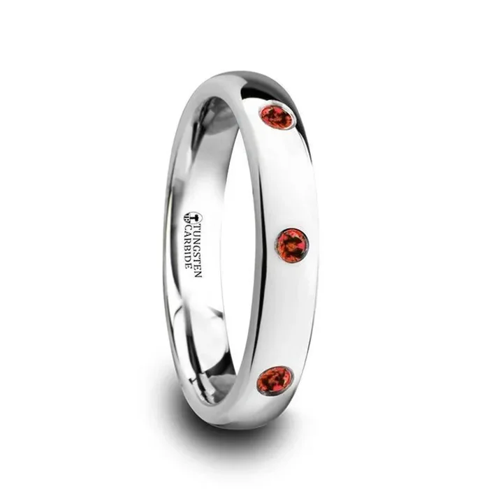 MAERA Polished and Domed Tungsten Carbide Wedding Ring with 3 Red Rubies Setting – 4mm