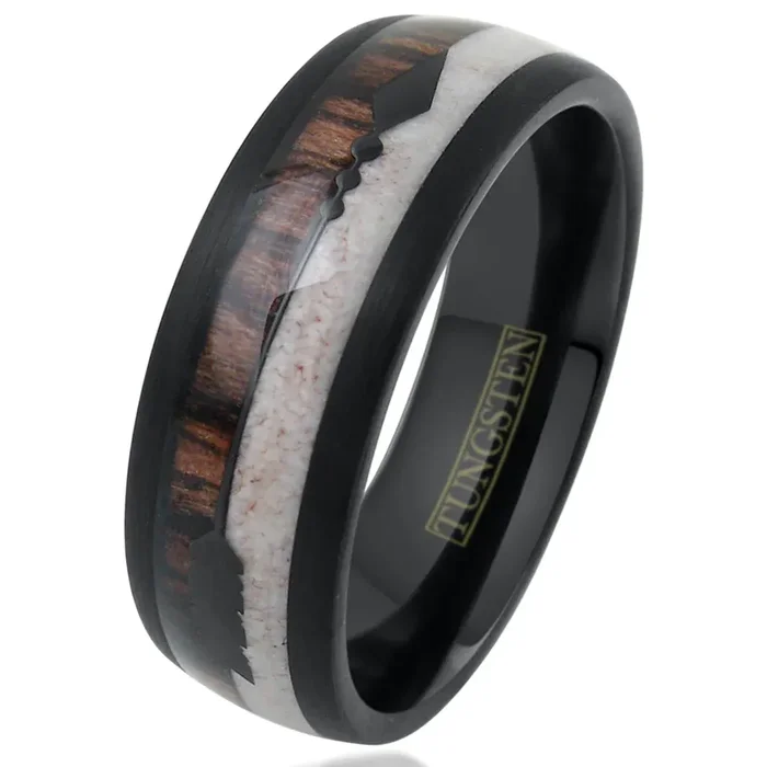 Magnificent 8mm Black Tungsten Dome Ring w/ Deer Antler & Koa Wood Inlays with Black Feathered Arrow.