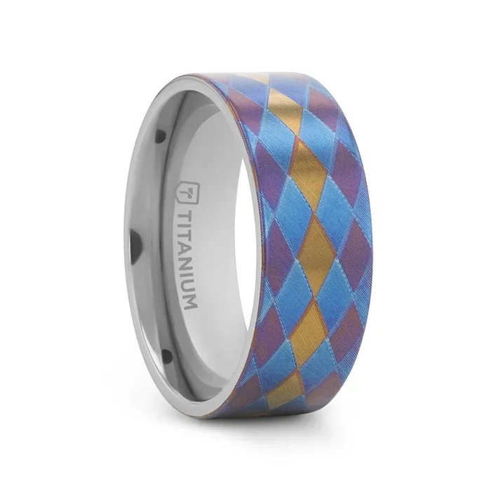 MAJESTIC Flat Titanium Ring with Purple, Blue, and Gold Diamond Pattern – 8mm