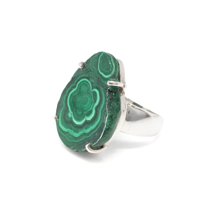Malachite Ring – Botyroidal Pear Slice with Organic Edge Prong Set on 925 Sterling Silver Band sz10