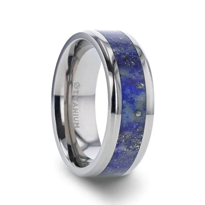 MALONE Men’s Titanium Wedding Ring with Blue Lapis Inlay & Beveled Edges – 8mm