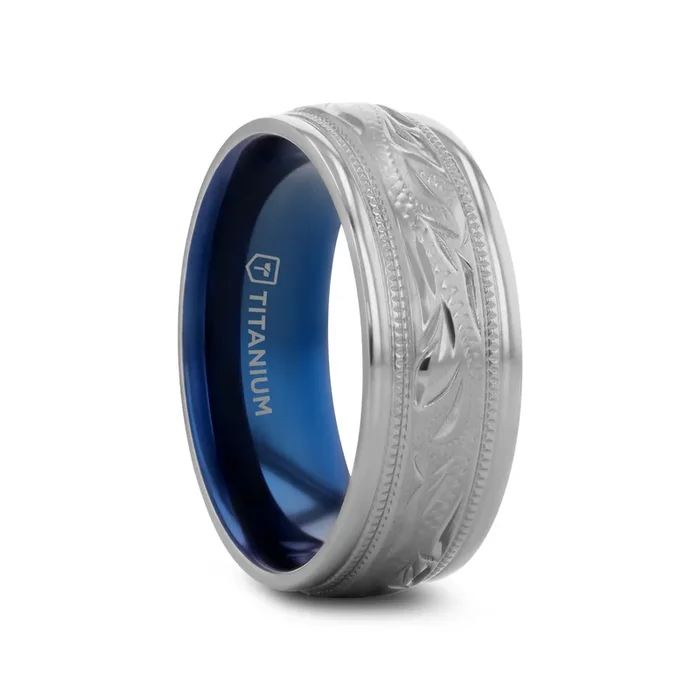 MARINER Titanium Milgrain Engraved Finish Men ‘s Wedding Ring with Blue Plating Inside- 8mm