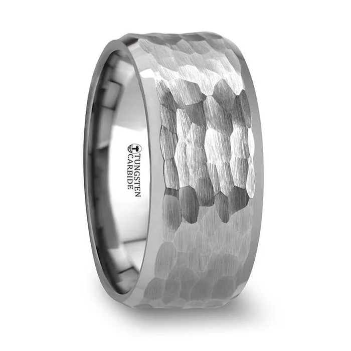 MARTEL White Tungsten Ring with Hammered Finish and Polished Bevels – 10mm