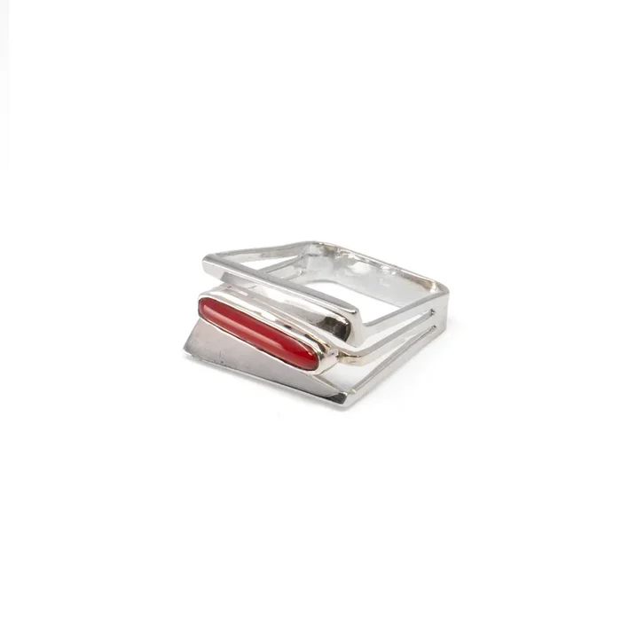 Mediterranean Coral Ring – Tube Cabochon Bezel Set with 2 Raised Long Triangles in Square Triple Band with 925 Sterling Silver sz7