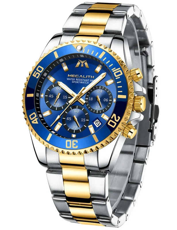 MEGALITH Mens Watches Men Designer Chronograph Blue Gold Waterproof Luminous Stainless Steel Wrist Watch Military Large Date Analogue Watches for Menother