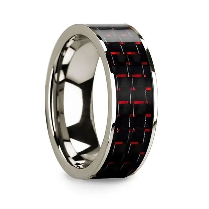 Men’s 14k White Gold Flat Wedding Band with Black & Red Carbon Fiber – 8mm