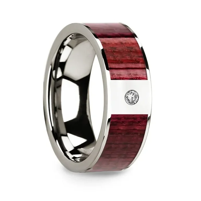 Men’s Polished 14k White Gold Wedding Band with Purpleheart Wood Inlay & Diamond – 8mm
