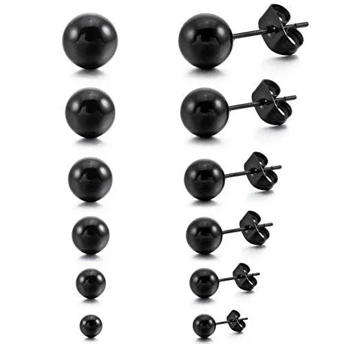 Men,Women’s 3~8mm 12 PCS Stainless Steel Stud Earrings Bead Ball Set 6 Pairs