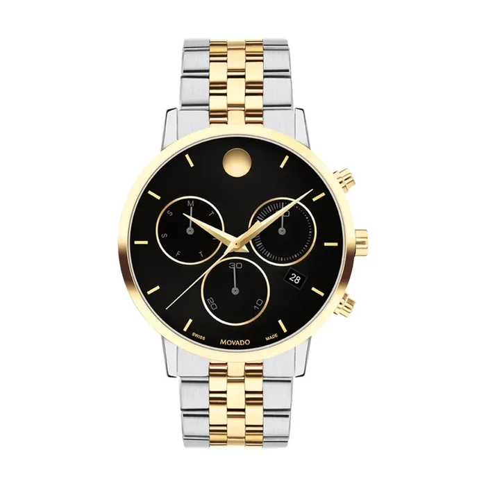 Movado Museum Classic Chronograph Mens Watch with Black Dial and Stainless Steel and Gold Tone Bracelet (Swiss quartz movement)