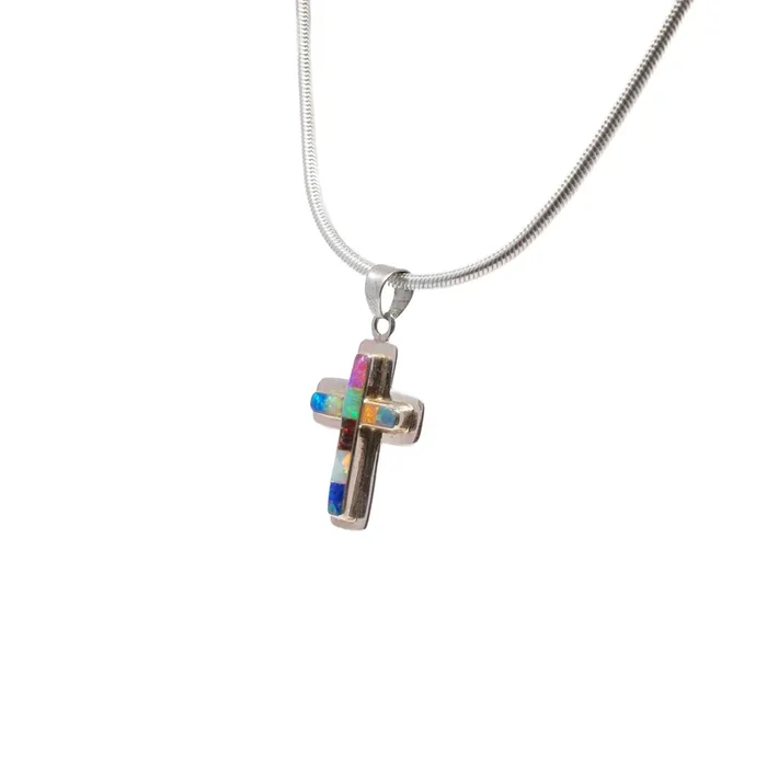 Multi Fire Opal Inlay Cross Pendant – Simple Cross With Silver Bezel Edge & Multicolor Rectangular Inlay