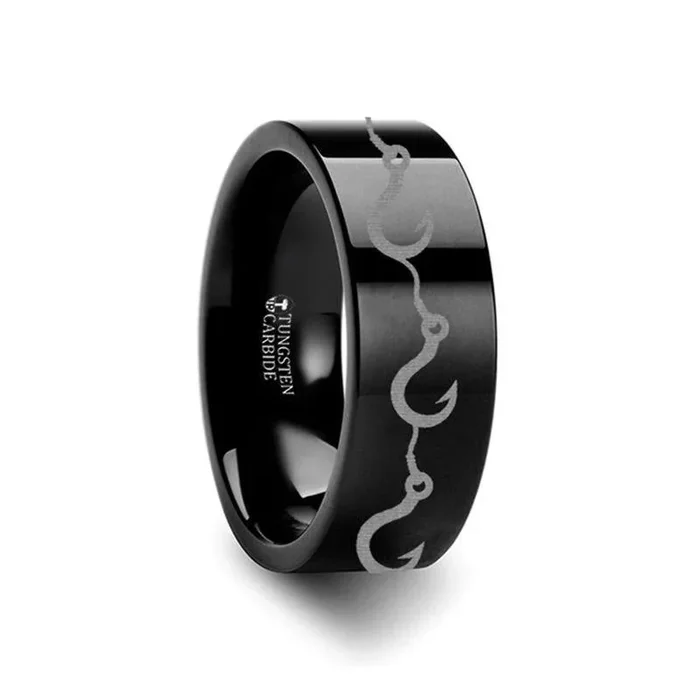 Multiple Fishing Hook Pattern Engraved Flat Black Tungsten Ring – 4mm – 12mm