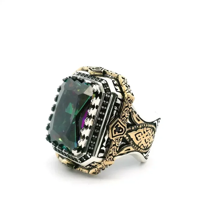 Mystic Topaz Ring – Faceted Rectangle in Designer Sawtooth Setting with Single Row Pave Black Nanostones in 925 Sterling Silver with Gold Vermeil sz8.5