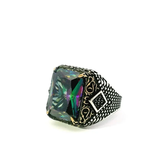 Mystic Topaz Ring – Faceted Rectangle Prong Set in 925 Sterling Silver with Gold Vermeil and Beaded Accents on Band sz11