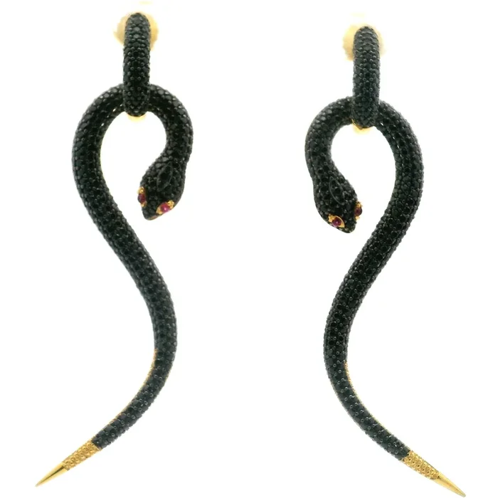 Nano Stone Dangle Earrings – Two-piece Long Black Snake with Red Eyes in Gold Vermeil over 925 Sterling Silver