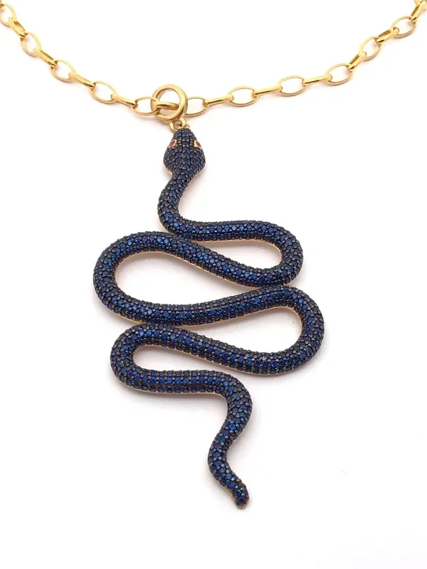 Nano Stone Necklace – Blue Snake Pendant with Red Eyes & Chain in Gold Vermeil over 925 Sterling Silver