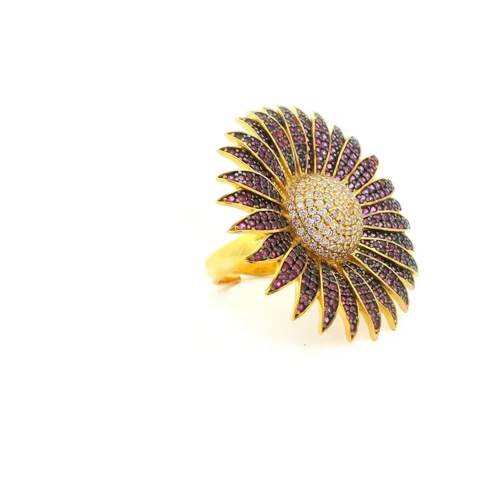 Nanostone Sunflower Ring – Fuchsia & Pink Nanostones in Gold Vermeil with 925 Sterling Silver sz7