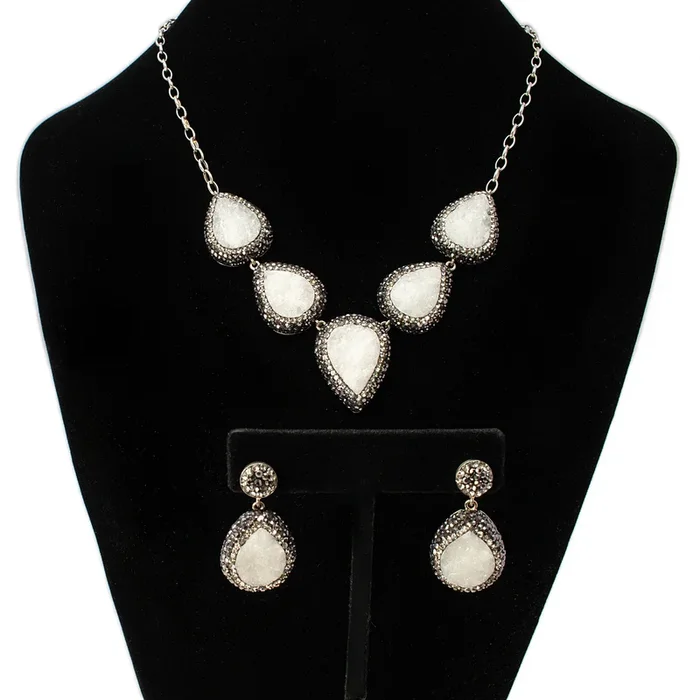Natural White Druze Set (Necklace; Earrings; Ring) 5 Classic Pears With Marcasite & Silver Crystals With Single Pear Earrings & Double Band Ring Szadj