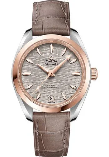 Omega Seamaster Aqua Terra 150M Co-Axial Master Chronometer Watch – 34 mm Steel And Sedna Gold Case – Waved Agate Grey Dial – Taupe-Brown Leather Strap – 220.23.34.20.06.001Watch