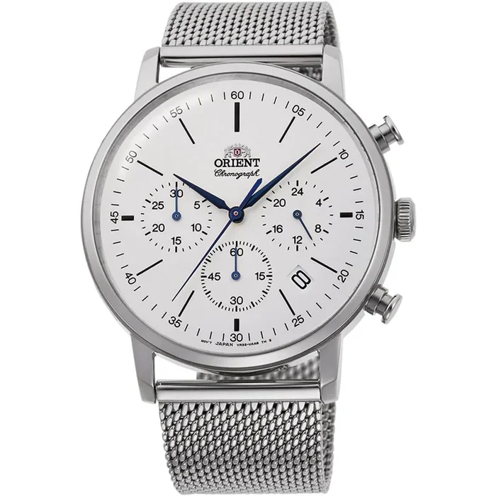 Orient Men’s Chronograph Watch – Classic White Dial SS Mesh Bracelet | RA-KV0402S10B