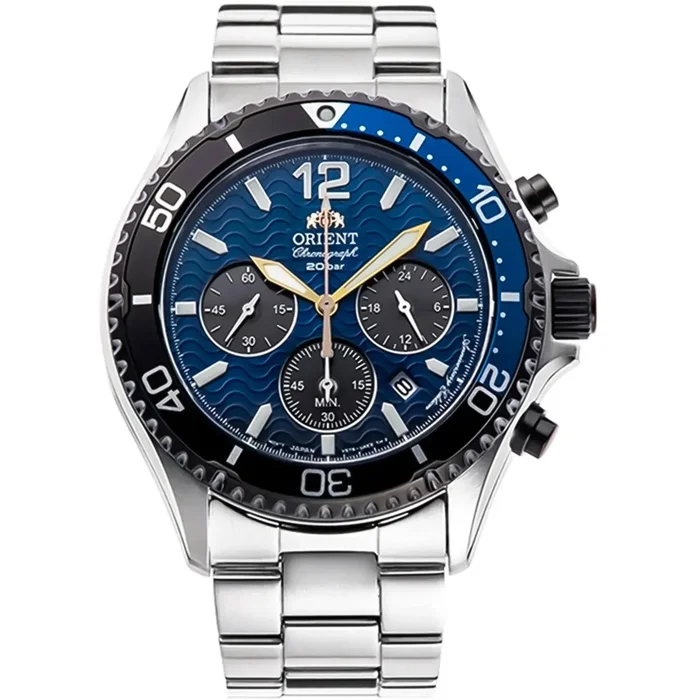 Orient Men’s Watch – Mako Chronograph Blue and Black Dial Silver Bracelet | RA-TX0208L