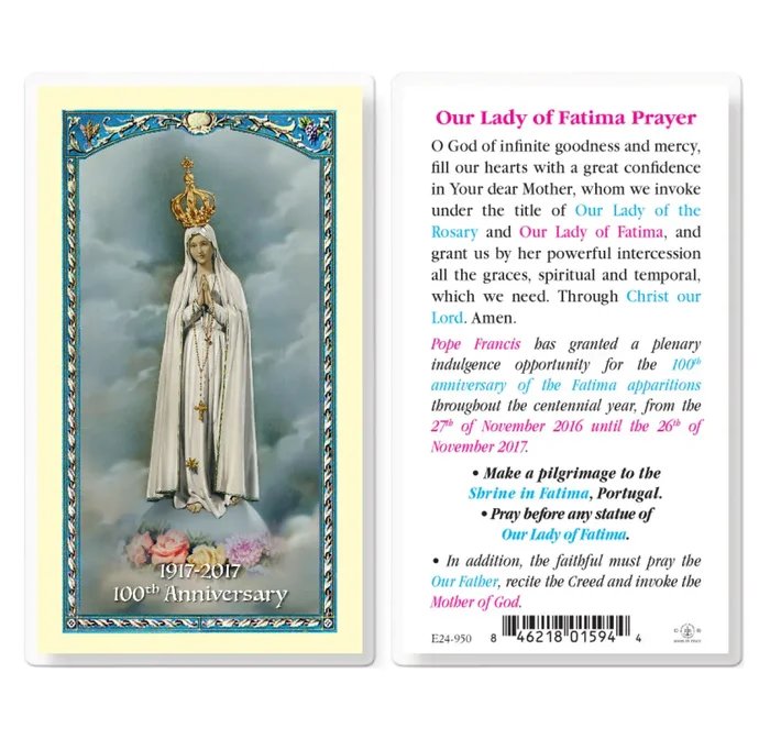 Our Lady of Fatima 100th Anniversary Laminated Holy Card Pack of 25