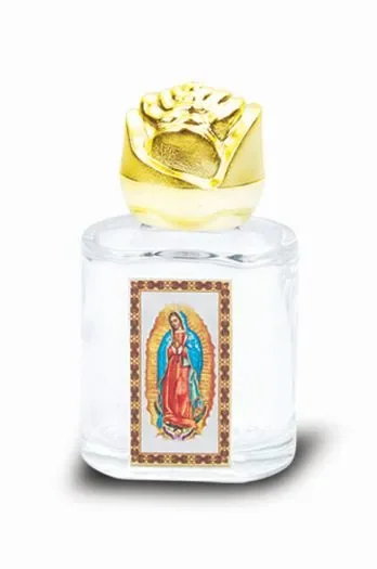 Our Lady of Guadalupe Small Holy Water Bottle with Gold Rose Cap