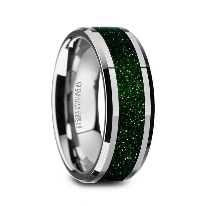 PATRICK Men’s Polished Finish Beveled Edges Tungsten Wedding Band with Green Goldstone Inlay – 8mm