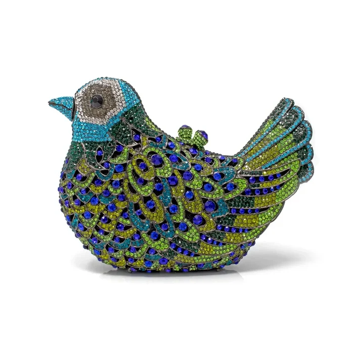 Peacock Colors Bird Crystal Purse with Chain – Black Eyes Oxidized Tone