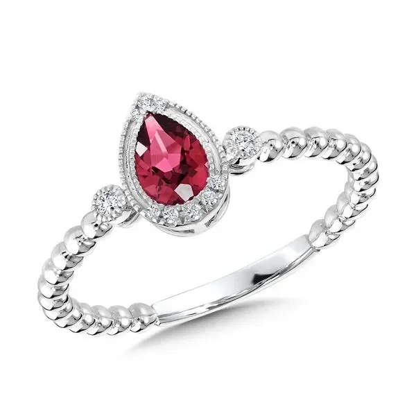 Pear-Cut Ruby & Diamond Milgrain Halo Beaded Shank Ring