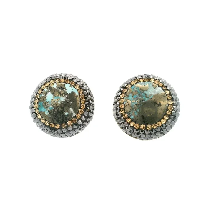 Persian Turquoise Earrings – Clip-On Round Surrounded by Rows of Gold Swarovski Crystals & Marcasite with Gold Vermeil over 925 Sterling Silver