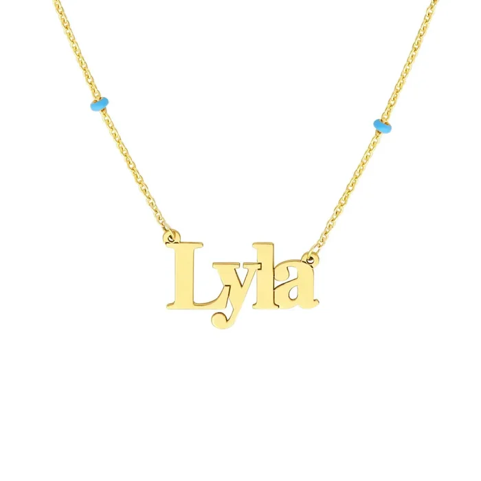 Personalized 14K Real Gold Turquoise Station Beads Nameplate Pendant Necklace