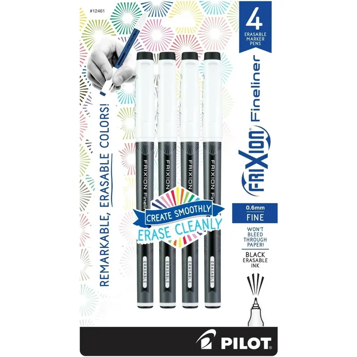 Pilot Marker Pen – Frixion Fineliner 0.6 mm Fine Black Erasable, Pack of 4 | 12461