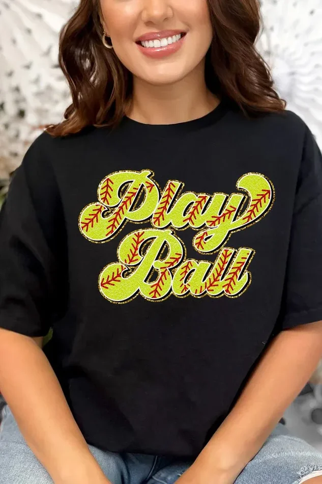 Play Ball Softball Faux Chenille Patch Transfer Short Sleeve Relaxed Fit T-Shirt