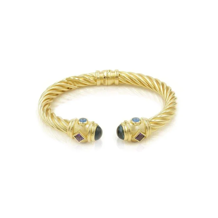 Polished Rope Stone Designer Cuff Bracelet in 14k Gold