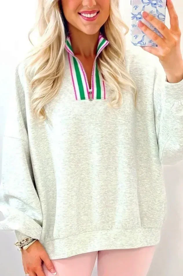 PREORDER! ETA 9/10 Set the Pace Light Gray Striped Collar Pullover **SHIPPING EXPECTED TO BEGIN ON DATE 9/10**