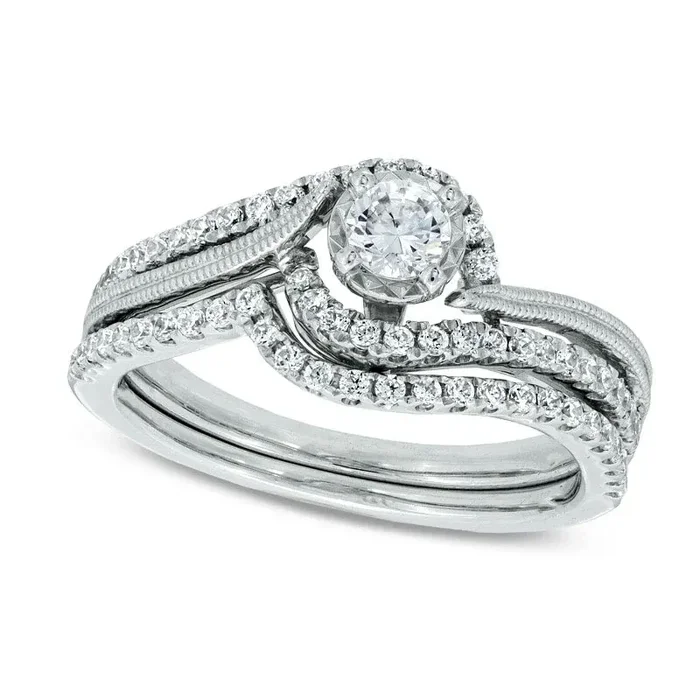 Previously Owned – 0.50 CT. T.W. Natural Diamond Milgrain Swirl Frame Bridal Engagement Ring Set in Solid 10K White Gold
