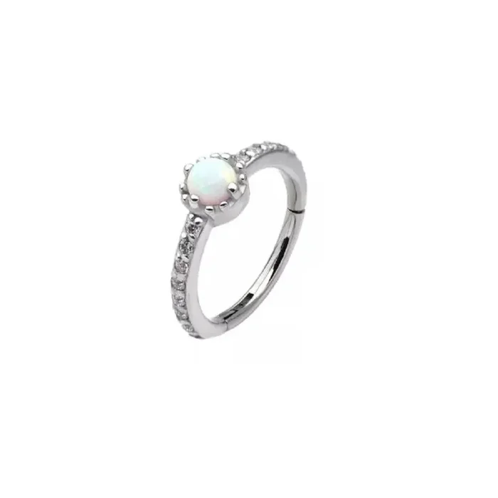 Prong Set White Opalite with CZ Eternity Side Facing Hinged Segment Ring – Stainless Steel