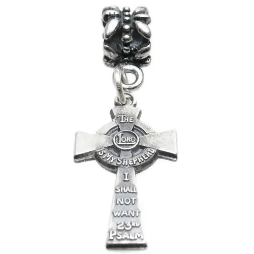 Psalm 23 “The Lord is my Shepherd” Cross with Euro Bead. Charm in Sterling Silver