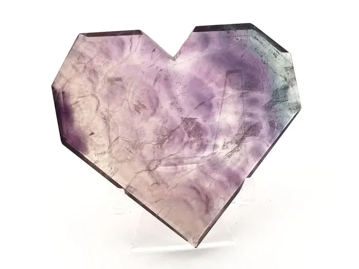 Rainbow Fluorite Heart – Flat with Faceted Faces on Lucite Stand (Purple Clouds with Small Green Section)