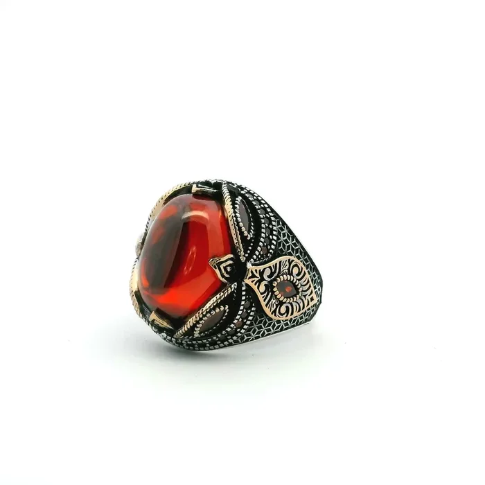 Red Nano Stones Ring – Oval Glass Cabochon Prong Set in Gold Vermeil with Red Nanostones & Faceted Red Ovals in 925 Sterling Silver sz11.5
