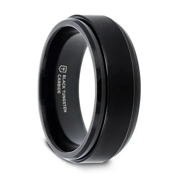 REVOLVE Black Tungsten Brushed Finish Spinner Ring Polished Base Spinning Wedding Band – 6mm & 8mm