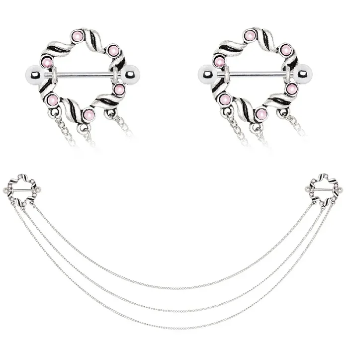 Ribbon Nipple Piercing Shields with Pink Synthetic Pearls – Stainless Steel