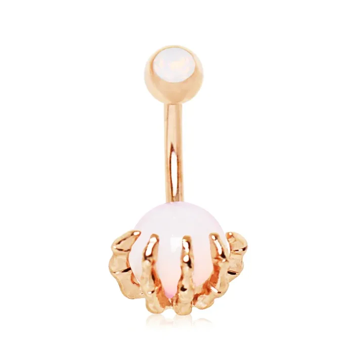 Rose Gold Plated Skeleton Hand with Crystal Orb Belly Button Ring – Stainless Steel
