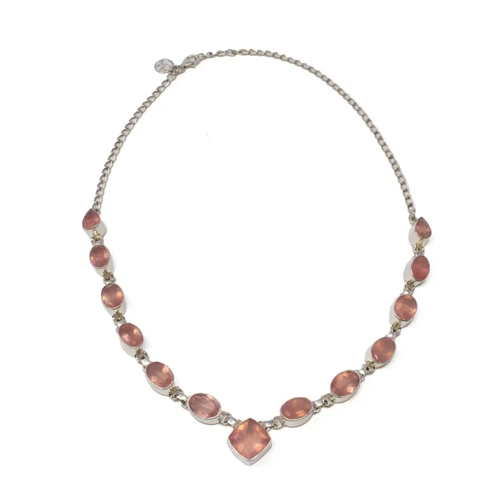 Rose Quartz Necklace – 10 Faceted Ovals with 2 Faceted Pears & 1 Faceted Diamond Set Square Centerpiece – Tall 925 Sterling Silver Bezels