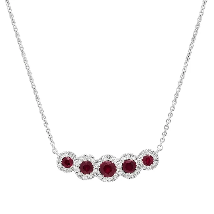 Ruby and Diamond Halo Necklace in 14kt White Gold (1/5ctw)