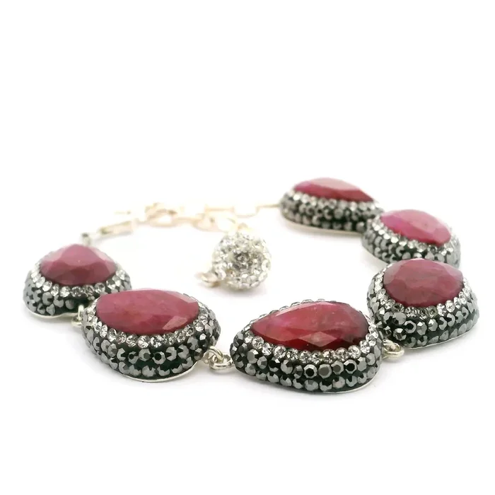 Ruby Link Bracelet – 6 Pear Links Surrounded by Marcasite & Silver Swarovski Crystals in 925 Sterling Silver
