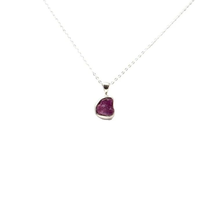 Ruby Necklace – Rough Freeform with 925 Sterling Silver Bezel & 18″ Chain
