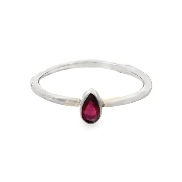 Ruby Ring – Dainty Faceted Pear With Silver Bezel Sz7